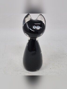 Black And Clear Art Glass Cat With Googly Style Eyes